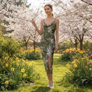 Sage Green Floral Midi Dress – Slip Style with Side Slit